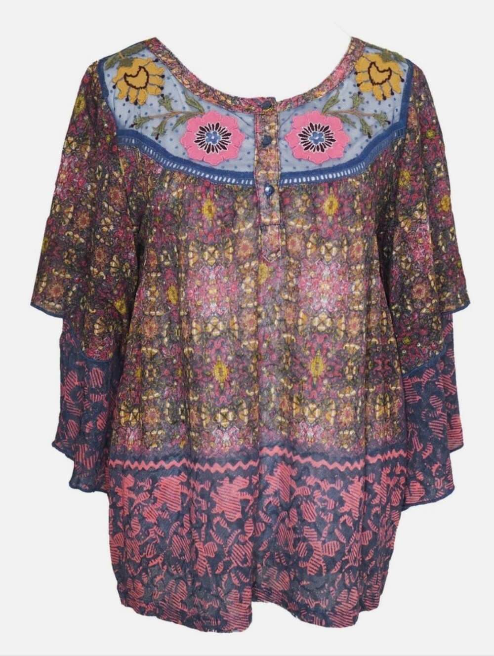 Boho Floral Embroidered Women's Tunic Top - Pink & Blue